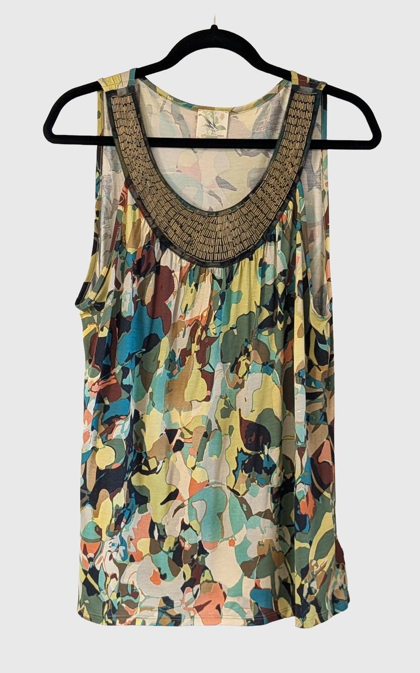 Weston Wear Beaded Neckline Top Large Abstract Floral Sleeveless Boho